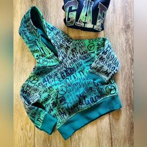 GAP boy's 2 pc set, pullover green, blue graffiti hoodie sweatshirt  18-24 mo.
